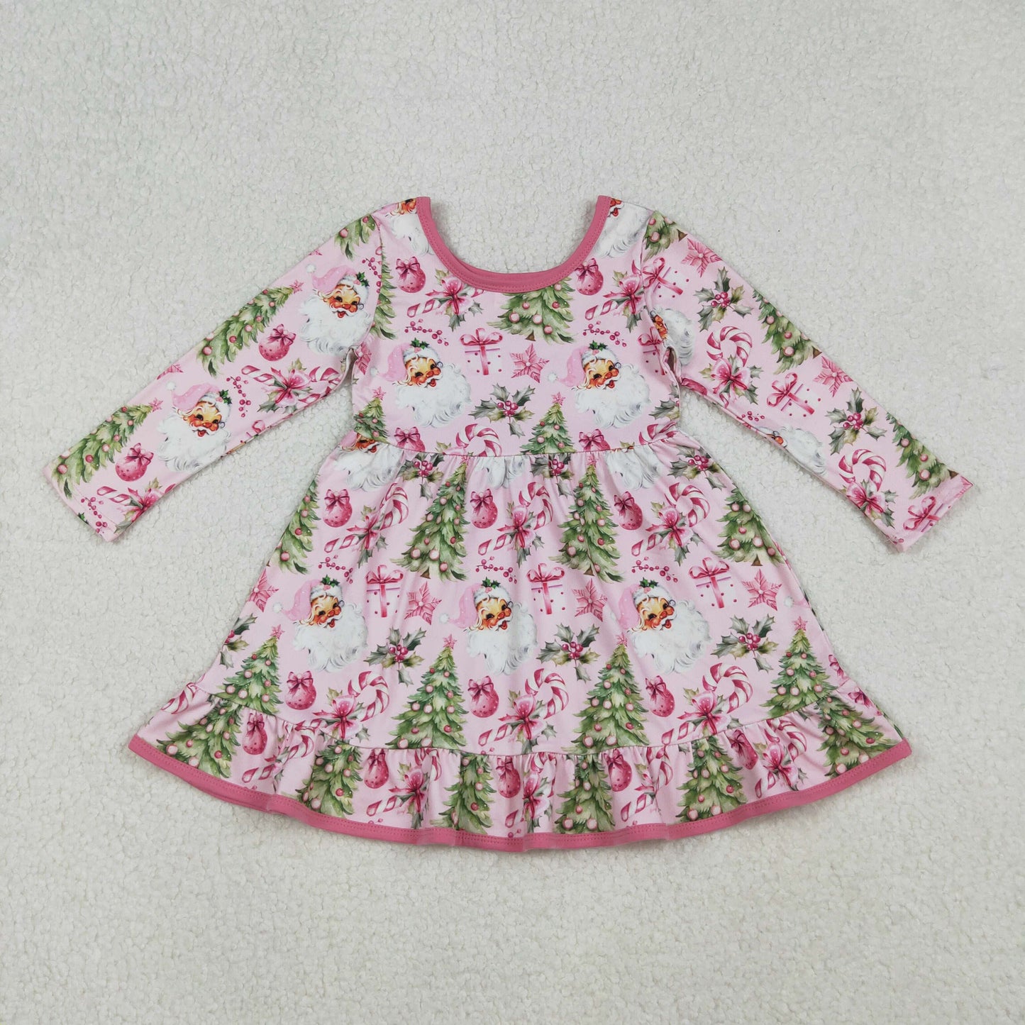 RTS NO MOQ(In Stock) 12/18m-7/8t GLD1252 Pink long-sleeved dress with Santa Claus, tree, cane, and gift