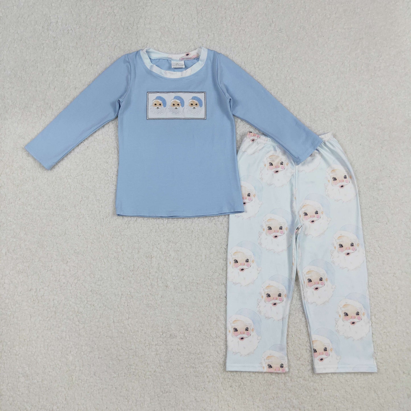 RTS NO MOQ(In Stock) BLP0505 Embroidered Santa Claus blue long-sleeved pantsuit