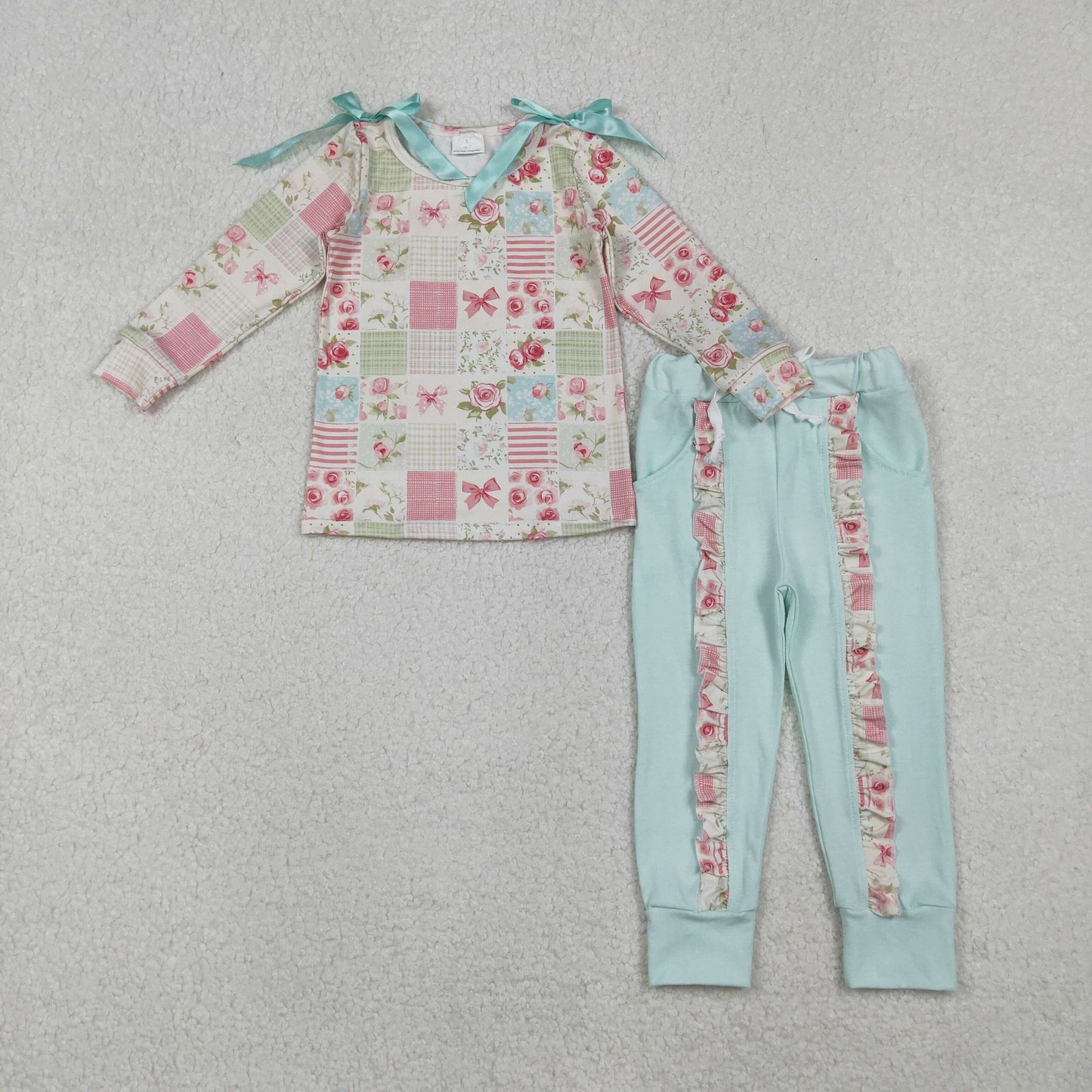 RTS NO MOQ(In Stock) GLP2551 Floral plaid bow long-sleeved lace pant set
