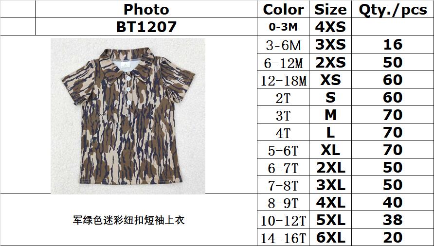 RTS NO MOQ ETA 5/7days Arrived BT1207 Military green camouflage button short-sleeved top