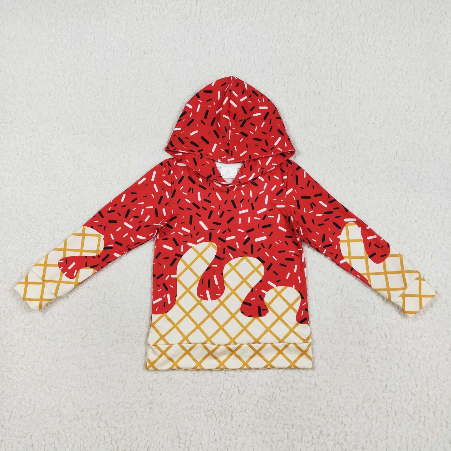 RTS NO MOQ(In Stock) BT1272 Waffle ice cream red hooded long-sleeved top