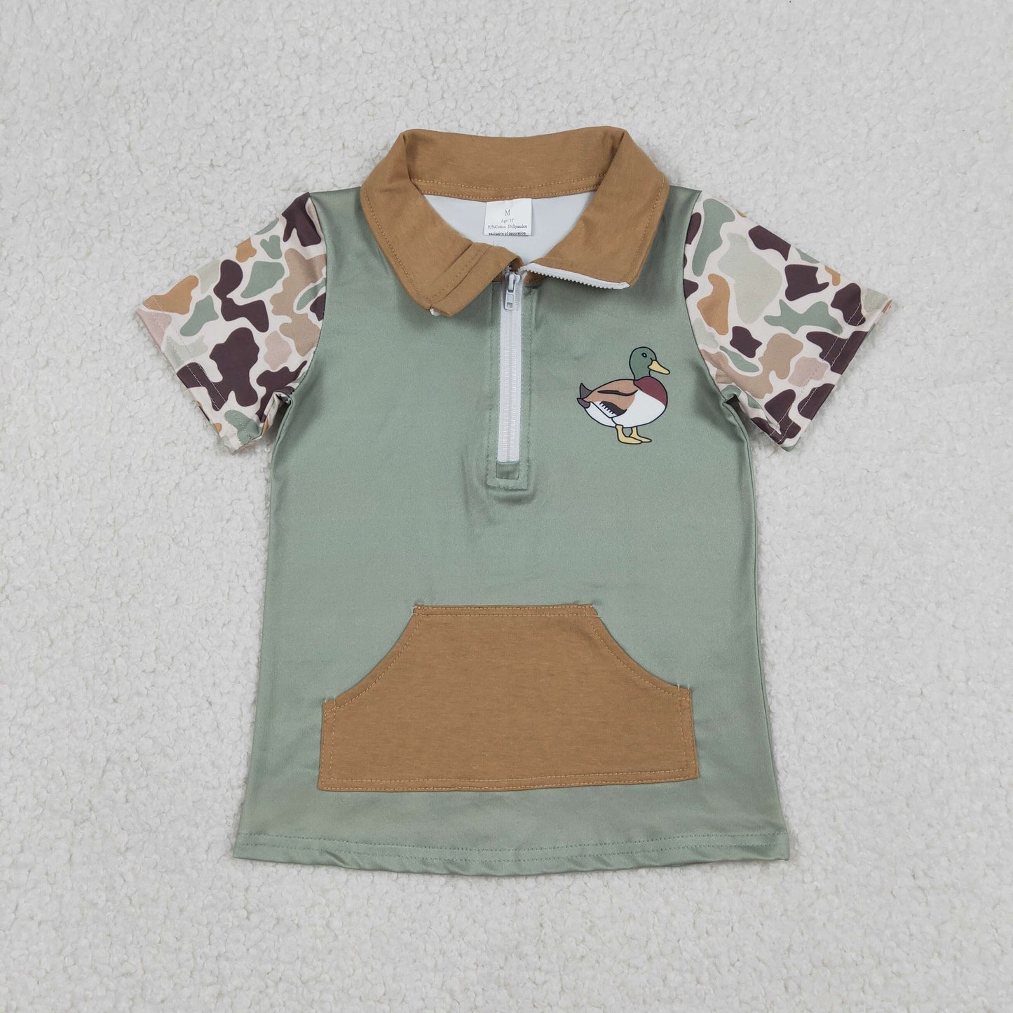 RTS NO MOQ(In Stock) Pocket Duck Camouflage Brown-Green Zip-Up Short-Sleeve Top
