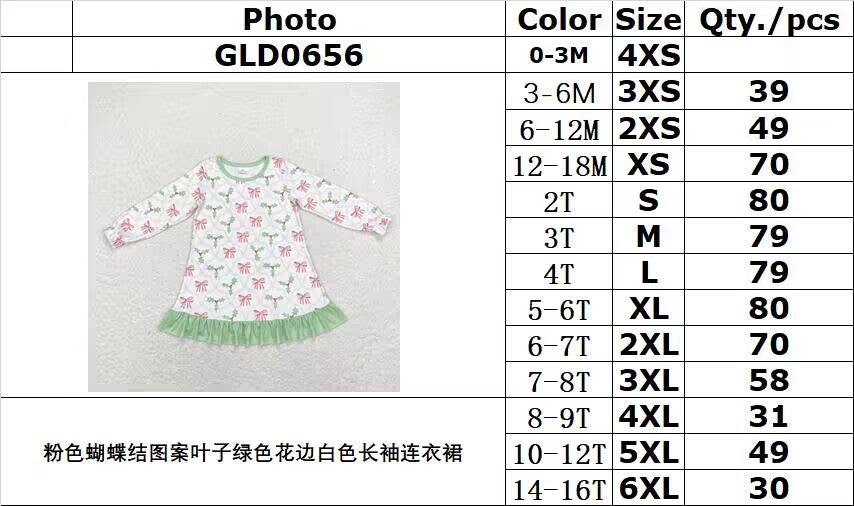 rts no moq GLD0656 Pink bow pattern leaf green lace white long-sleeved dress