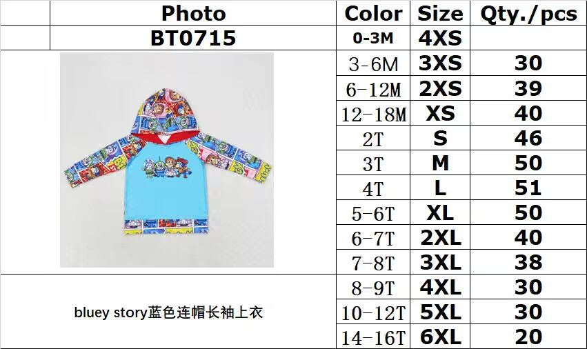 rts no moq BT0715 bluey story blue hooded long-sleeved top