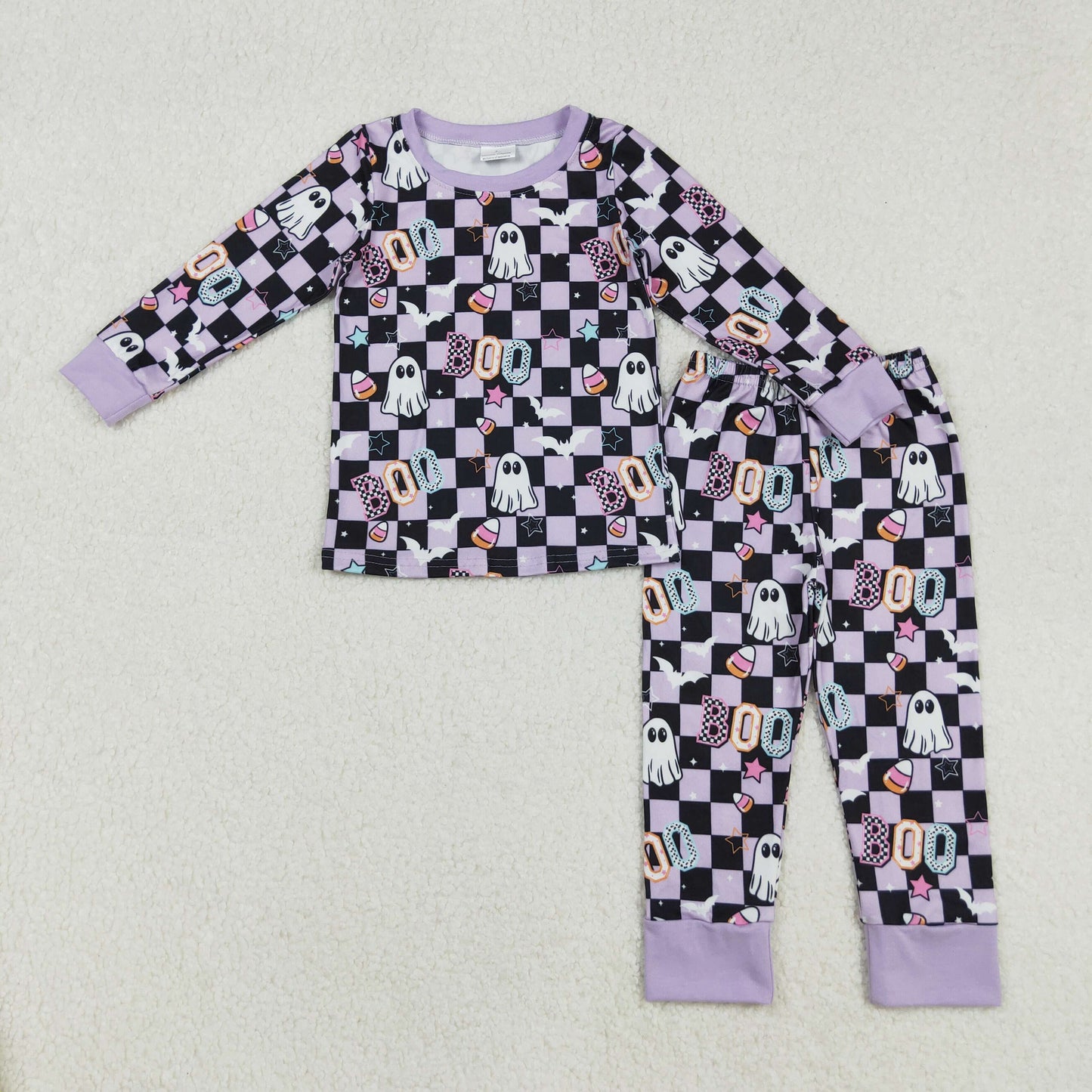 RTS NO MOQ(In Stock) GLP2684 Boo Halloween Ghost Star Candy Purple and Black Plaid Long-Sleeved Pants Set