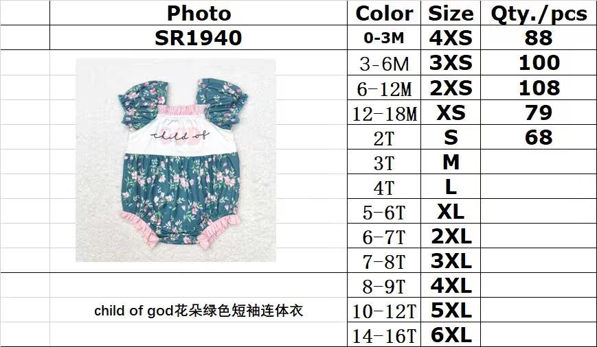 RTS no moq SR1940 child of god flower green short-sleeved jumpsuit