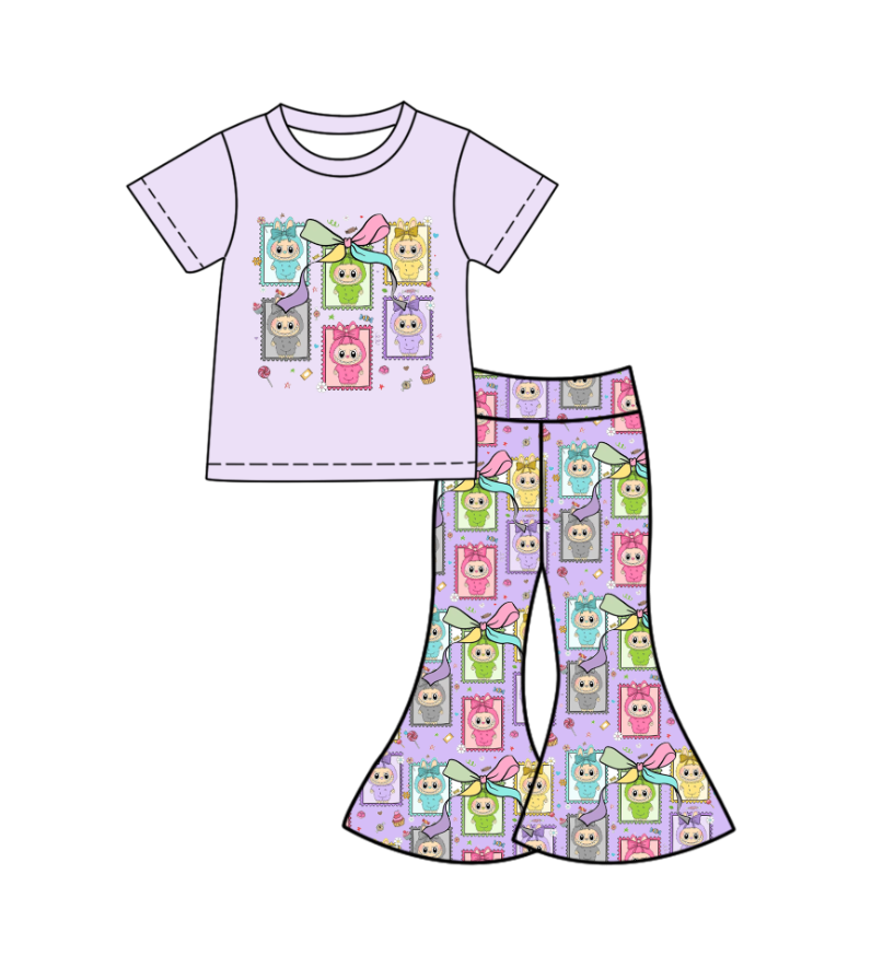 Custom moq 5 mix size milk silk baby girl clothes cartoon bow purple short sleeve pants sets