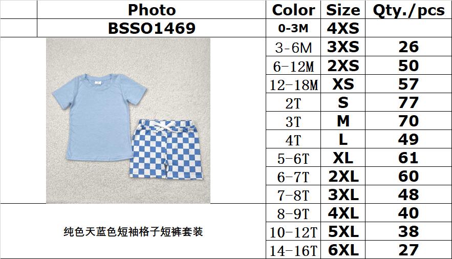 RTS NO MOQ BSSO1469 Solid sky blue short sleeve plaid shorts set