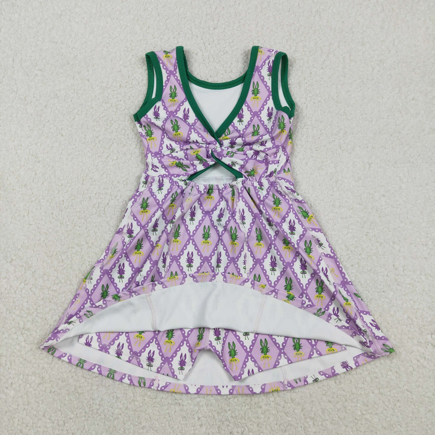 RTS NO MOQ(In Stock) Carnival-themed Lobster-trimmed Plaid Purple-Green Yoga Sleeveless Dress