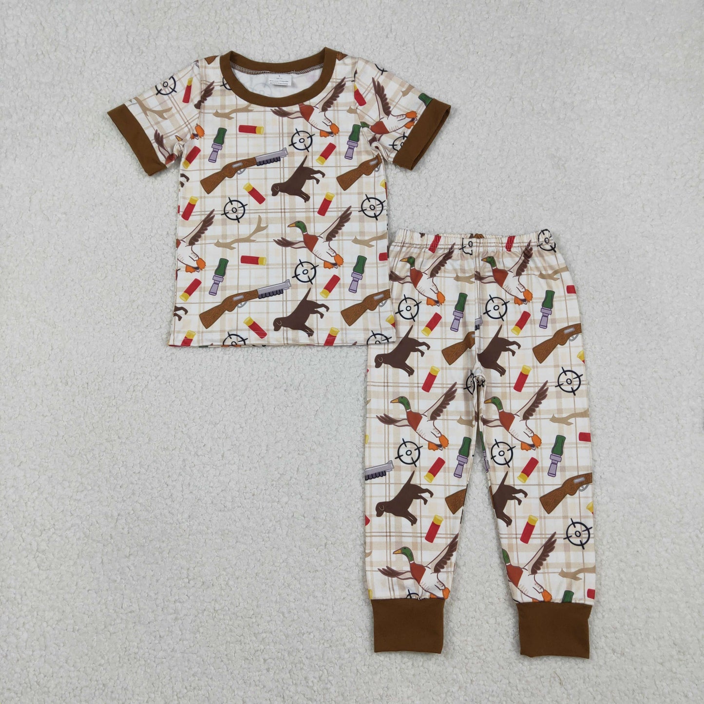 RTS NO MOQ(In Stock) Duck Dog Shotgun Checkered Short-Sleeved Pants Pajama Set