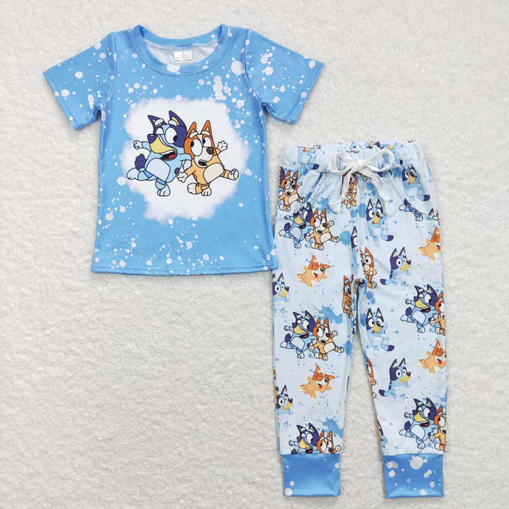 RTS NO MOQ Cartoon Dog Blue Short Sleeve Pants Suit