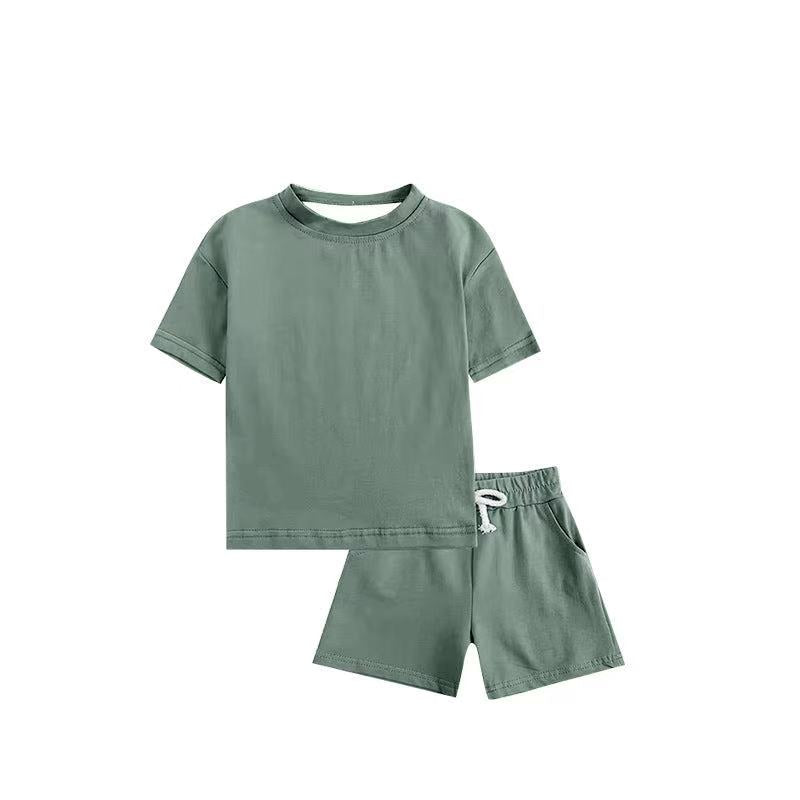 Deadline: May 15 Custom no moq Solid color short-sleeved shorts green cotton suit