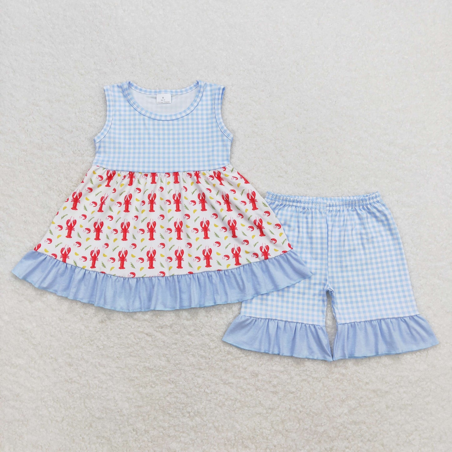 RTS NO MOQ(In Stock) Crayfish corn blue and white plaid sleeveless shorts suit