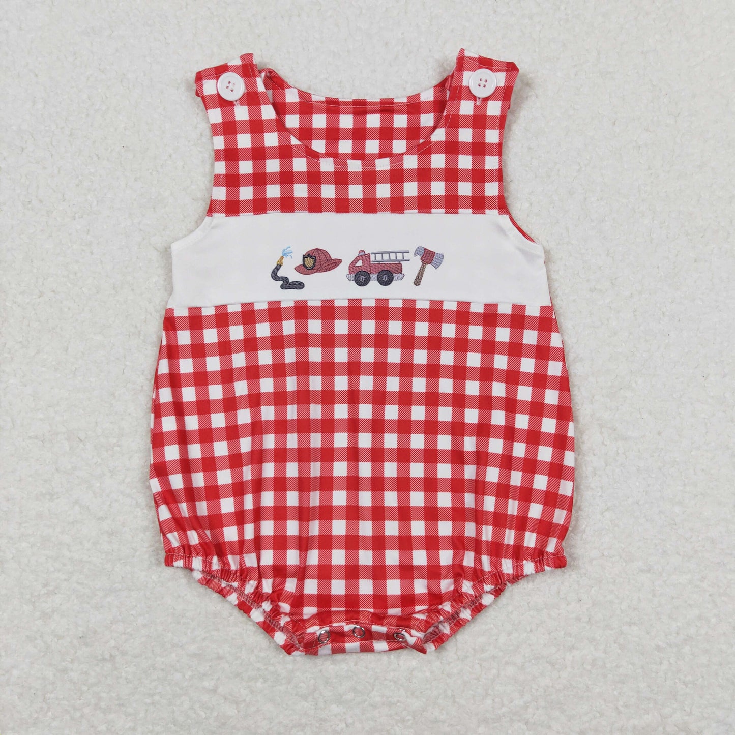 RTS NO MOQ(In Stock) Fire truck red and white plaid vest jumpsuit