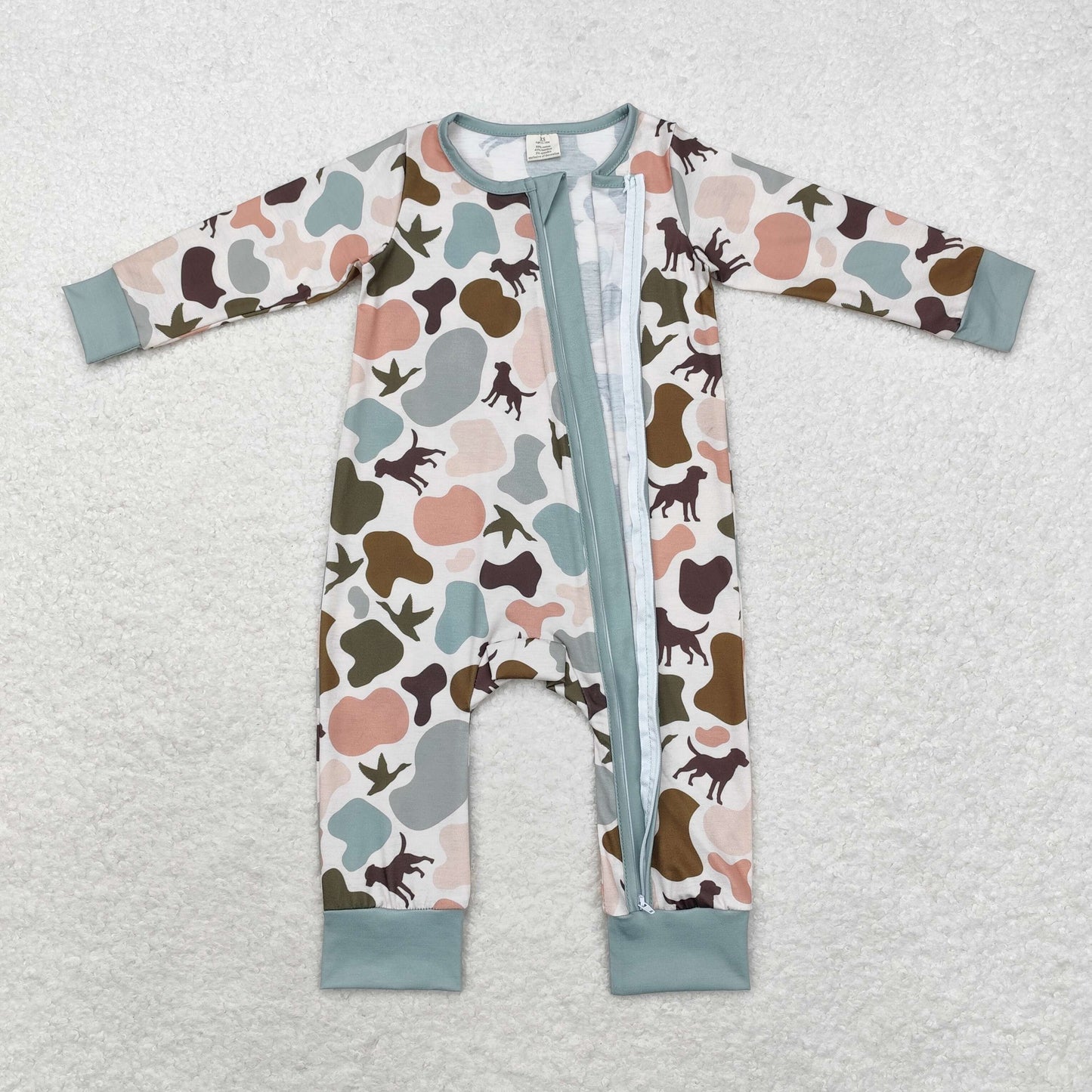 RTS NO MOQ(In Stock) LR1387 Modal puppy duck camouflage green zipper long sleeve jumpsuit