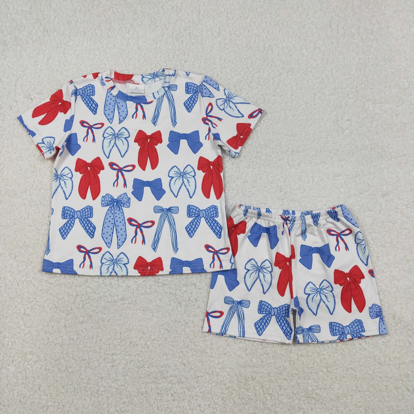 RTS NO MOQ(In Stock) National Day Bow Pattern Short-Sleeve and Shorts Set