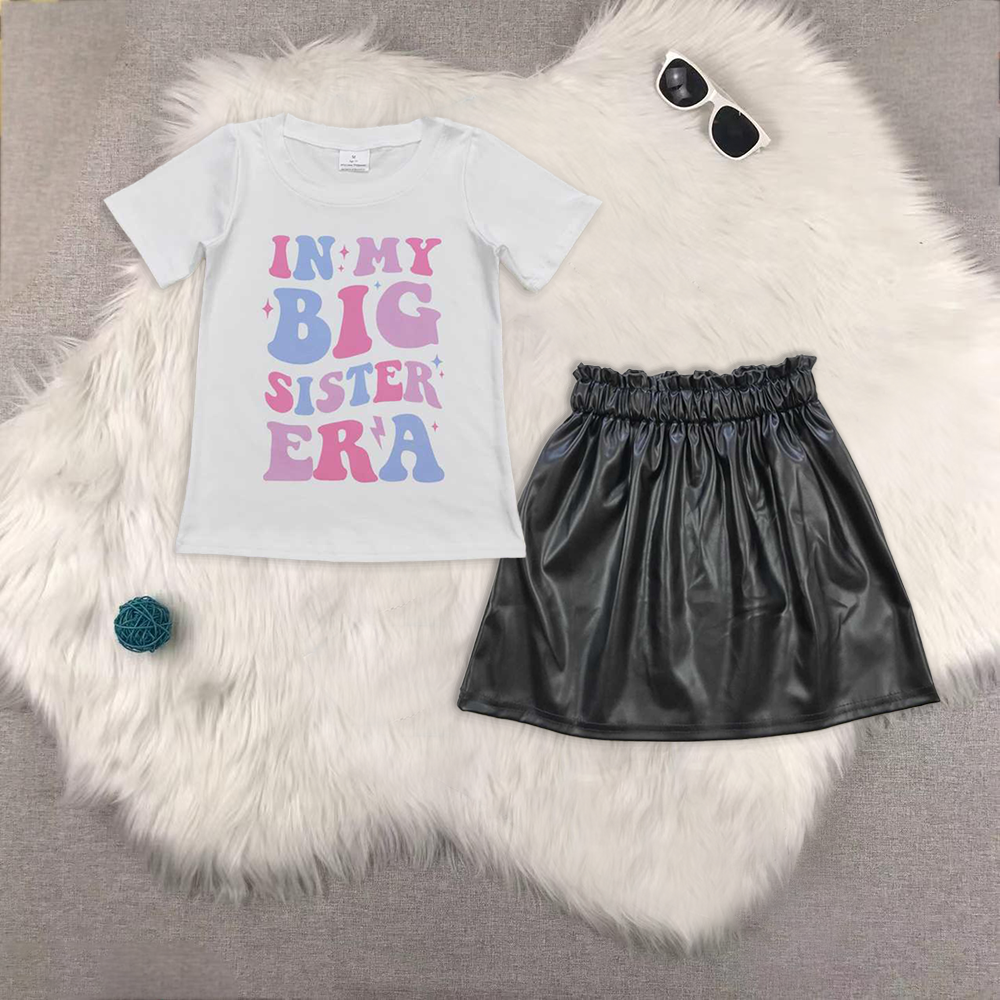 RTS NO MOQ ETA 5/7days Arrived GT0508+GLK0013 in my big sister era white short-sleeved shirt with letters black shiny skirt SETS