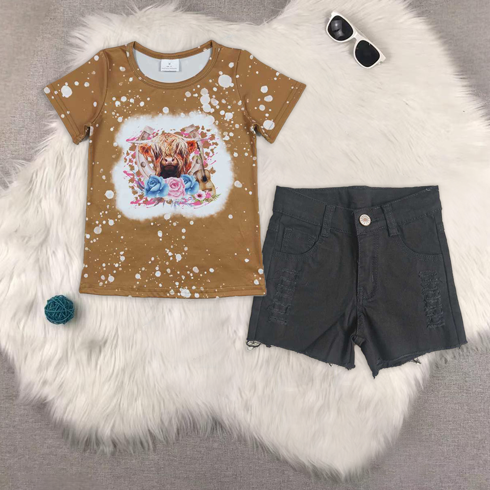 RTS NO MOQ GT0433+D13-15 Girls short-sleeved top denim shorts sets