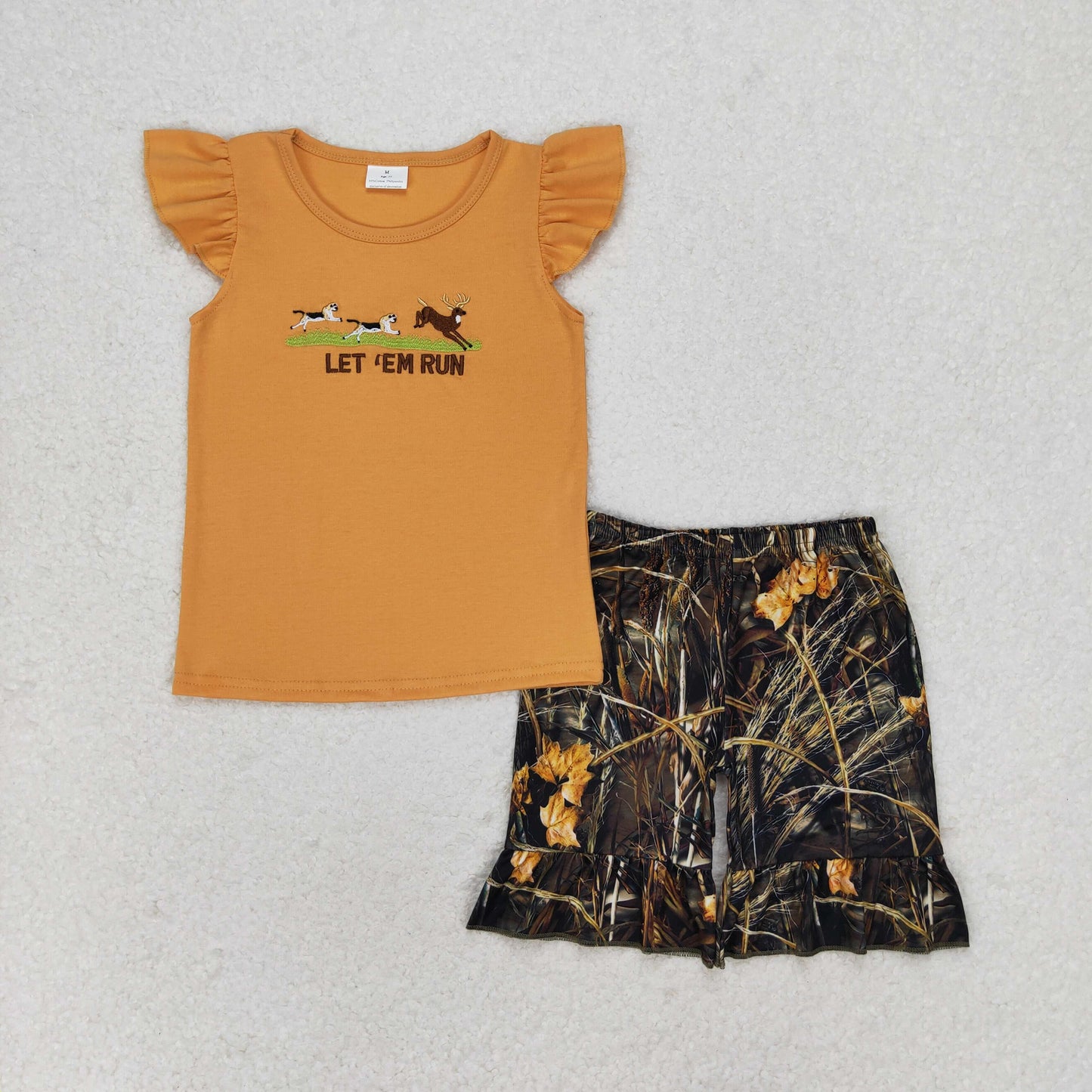 RTS NO MOQ(In Stock) let run embroidered puppy elk light brown flying sleeves branches and leaves camouflage shorts suit