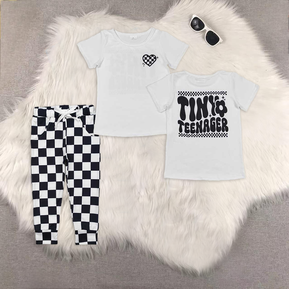 RTS NO MOQ ETA 5/7days Arrived GT0527+P0699 tiny teenager black and white plaid heart short-sleeved top Black and white plaid lace-up trousers sets