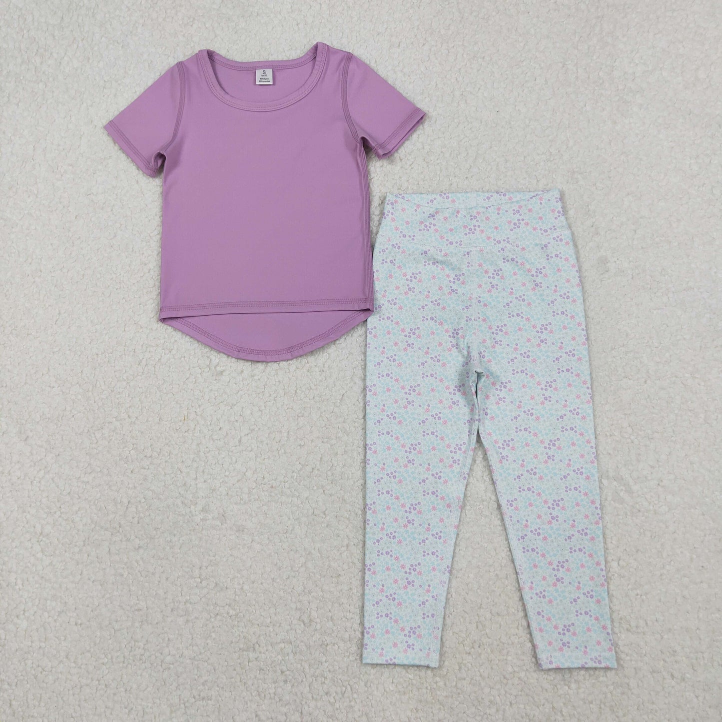 RTS NO MOQ(In Stock) GSPO2067 Solid Purple Short-Sleeved Floral Pants Yoga Set