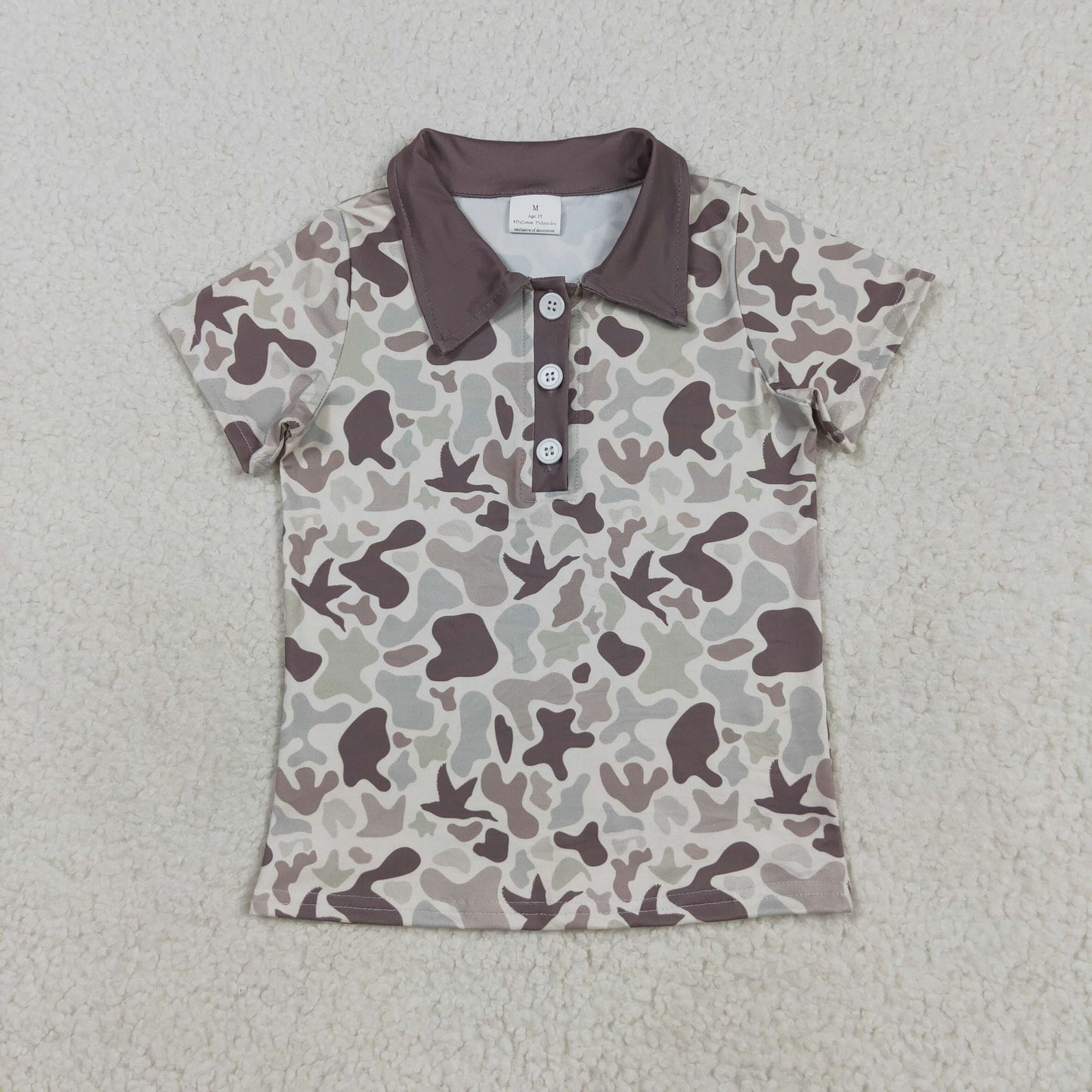 RTS NO MOQ(In Stock) BT1261 Duck Camouflage Beige Brown Collar Button Short Sleeve Top