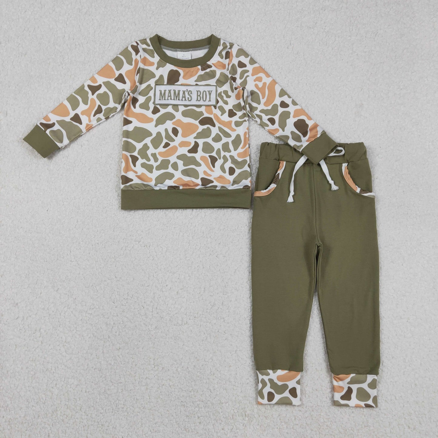 RTS NO MOQ(In Stock ) BLP1339 Embroidered Mama's Boy Orange-Green Camouflage Long-Sleeve Pants Set