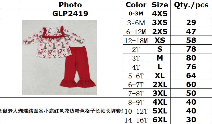 rts no moq GLP2419 Santa Claus bow pattern deer red lace pink plaid long sleeve pants set