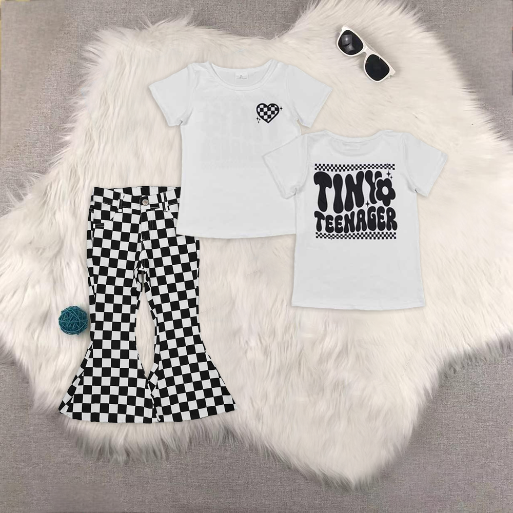 RTS NO MOQ ETA 5/7days Arrived GT0527+P0349 tiny teenager black and white plaid heart short-sleeved top black and white plaid denim jeans