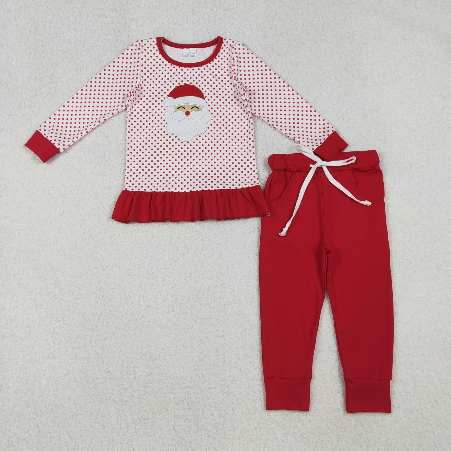 RTS NO MOQ(In Stock) GLP2708 Embroidered Santa Claus Red Polka Dot Lace Long-Sleeved Pants Set