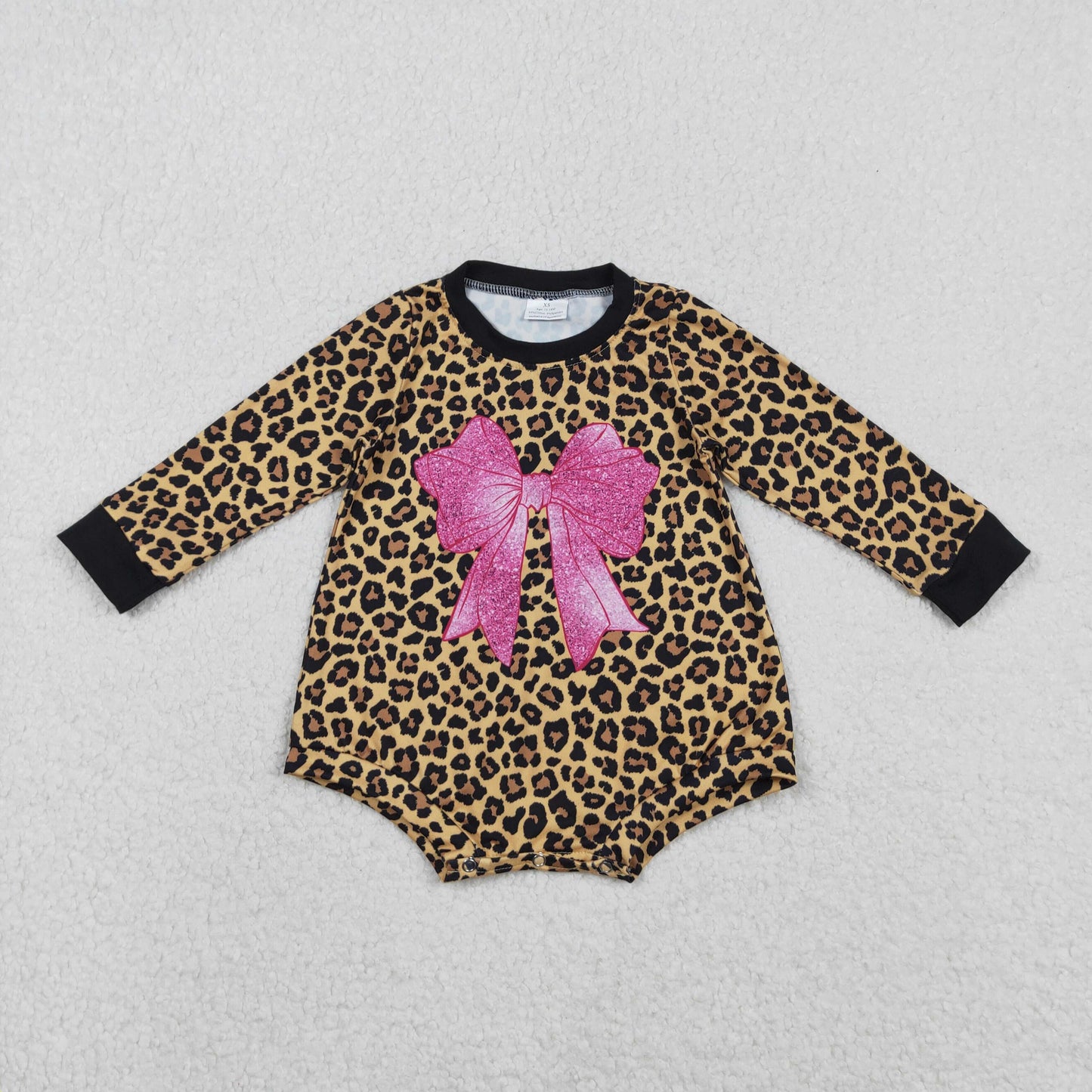 RTS NO MOQ(In Stock ) LR2775 Pink Bow Pattern Leopard Print Brown Long-Sleeve Jumpsuit