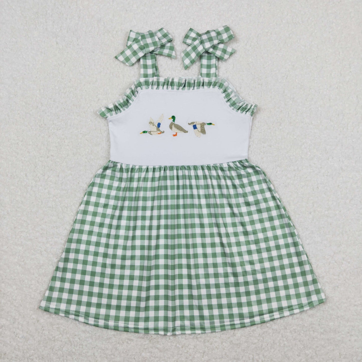 RTS NO MOQ(In Stock) Embroidered duck green and white plaid lace slip dress