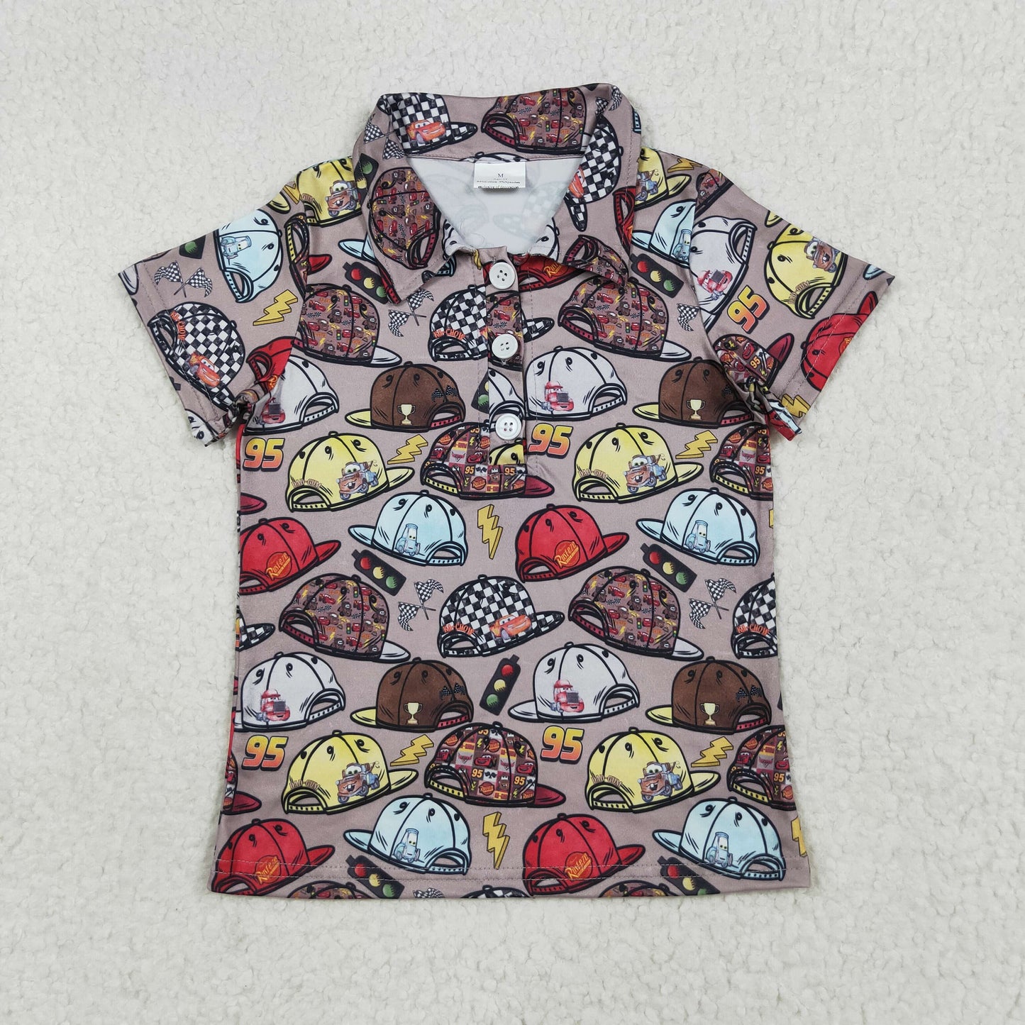 RTS NO MOQ(In Stock) BT1228 cars cartoon car hat brown button short-sleeved top