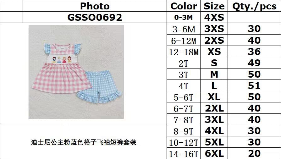 GSSO0692 Cartoon Pink Blue Plaid Fly Sleeve Shorts Set