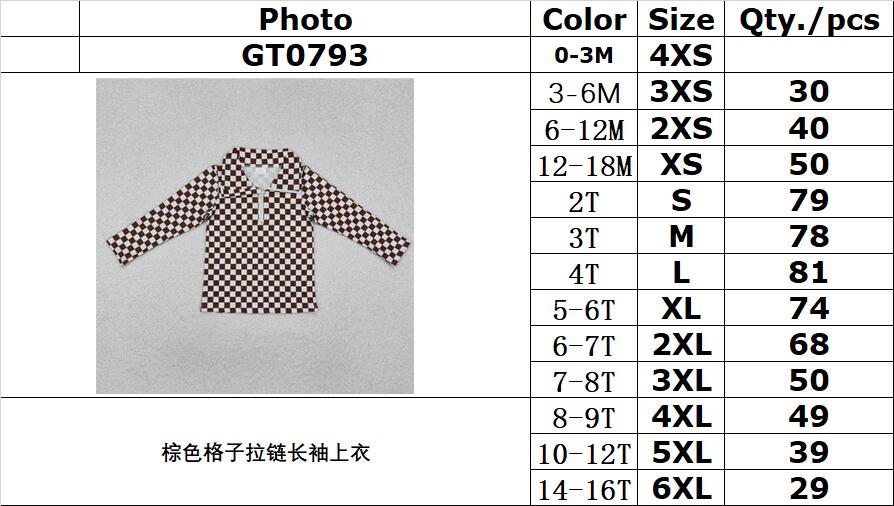 RTS NO MOQ ETA 5/7days Arrived GT0793 Brown Plaid Zip-Up Long Sleeve Top