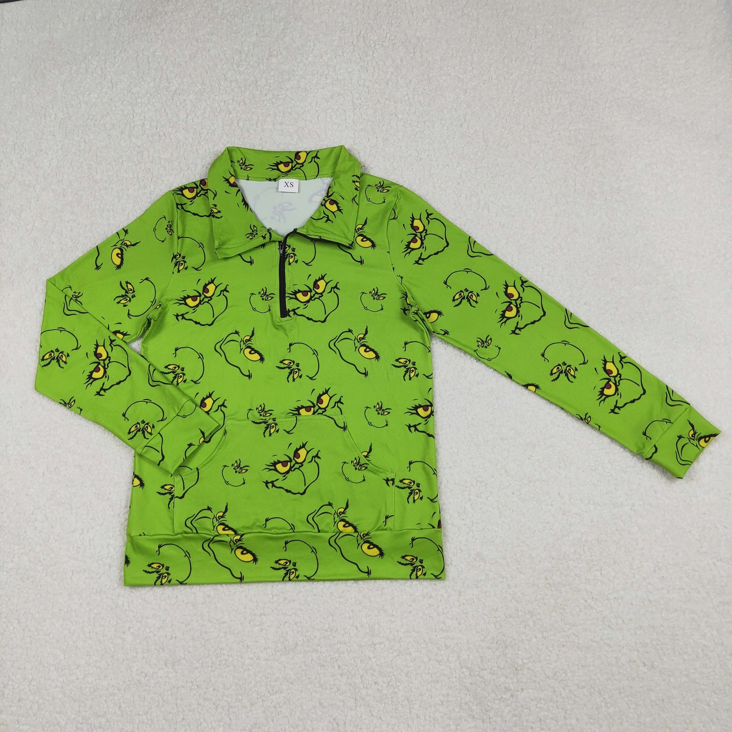 RTS NO MOQ(In Stock) GT1173 Christmas cartoon Smiley Face Green Zipper Long-Sleeved Top for Adult Women