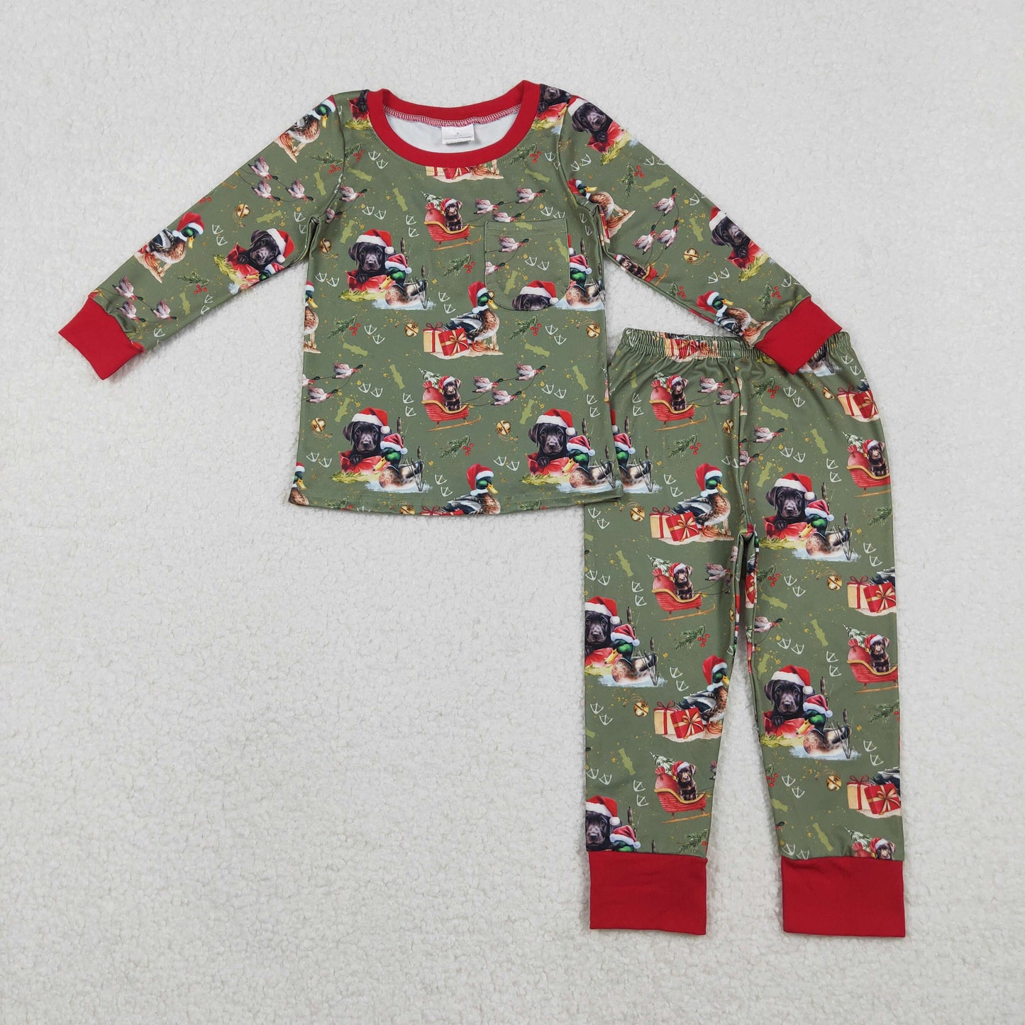 RTS NO MOQ(In Stock ) BLP1213 Christmas Duck Puppy Green Long-Sleeved Pants Pajama Set