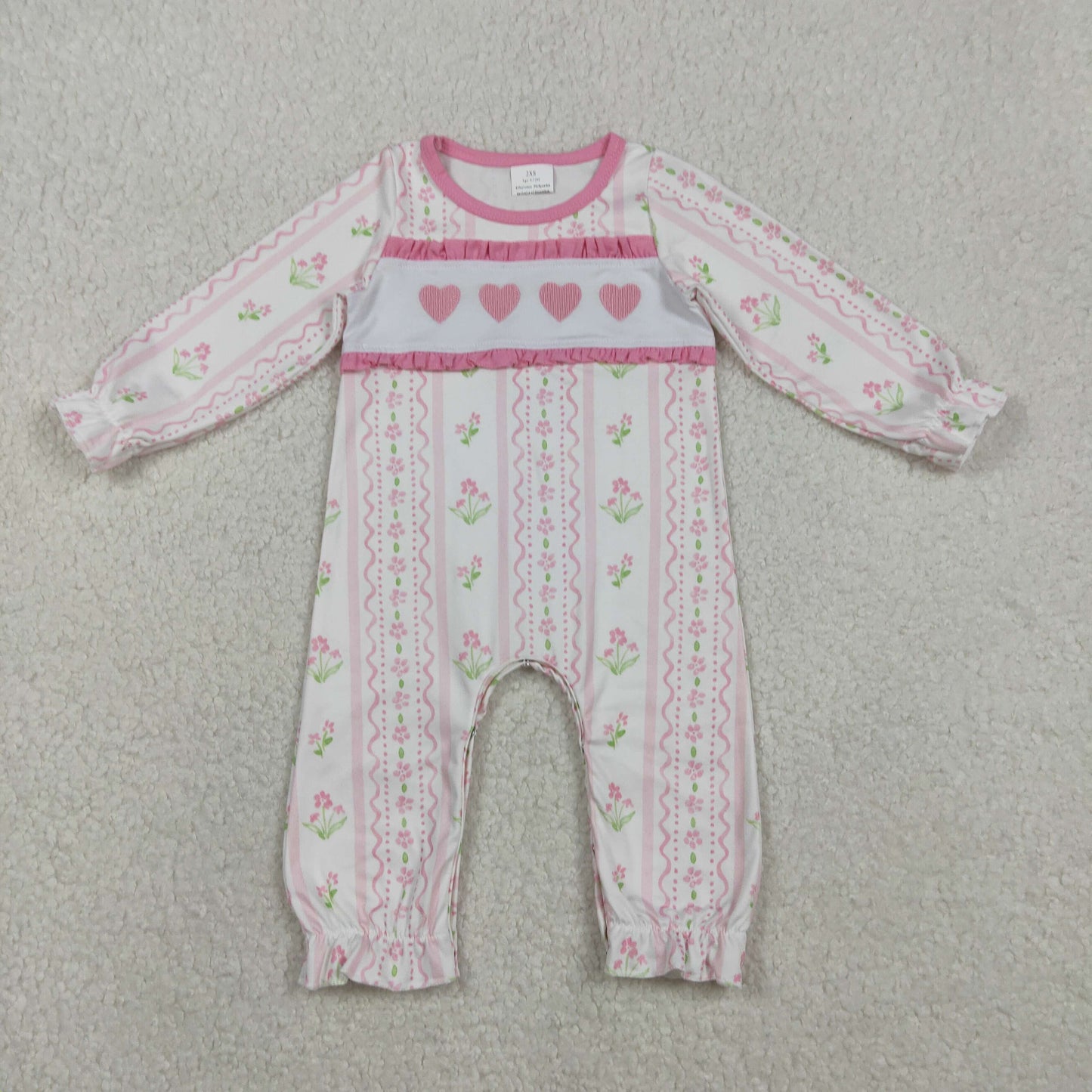 RTS NO MOQ(In Stock) Embroidered Heart Flower Pink Striped Wavy Line Long-Sleeved Bodysuit