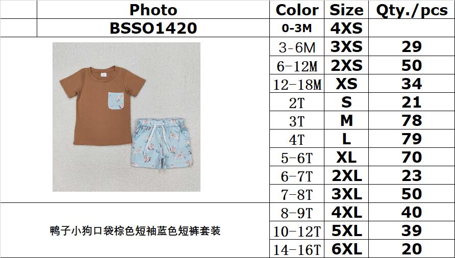 RTS NO MOQ ETA 5/7days Arrived BSSO1420 Duck puppy pocket brown short sleeve blue shorts set