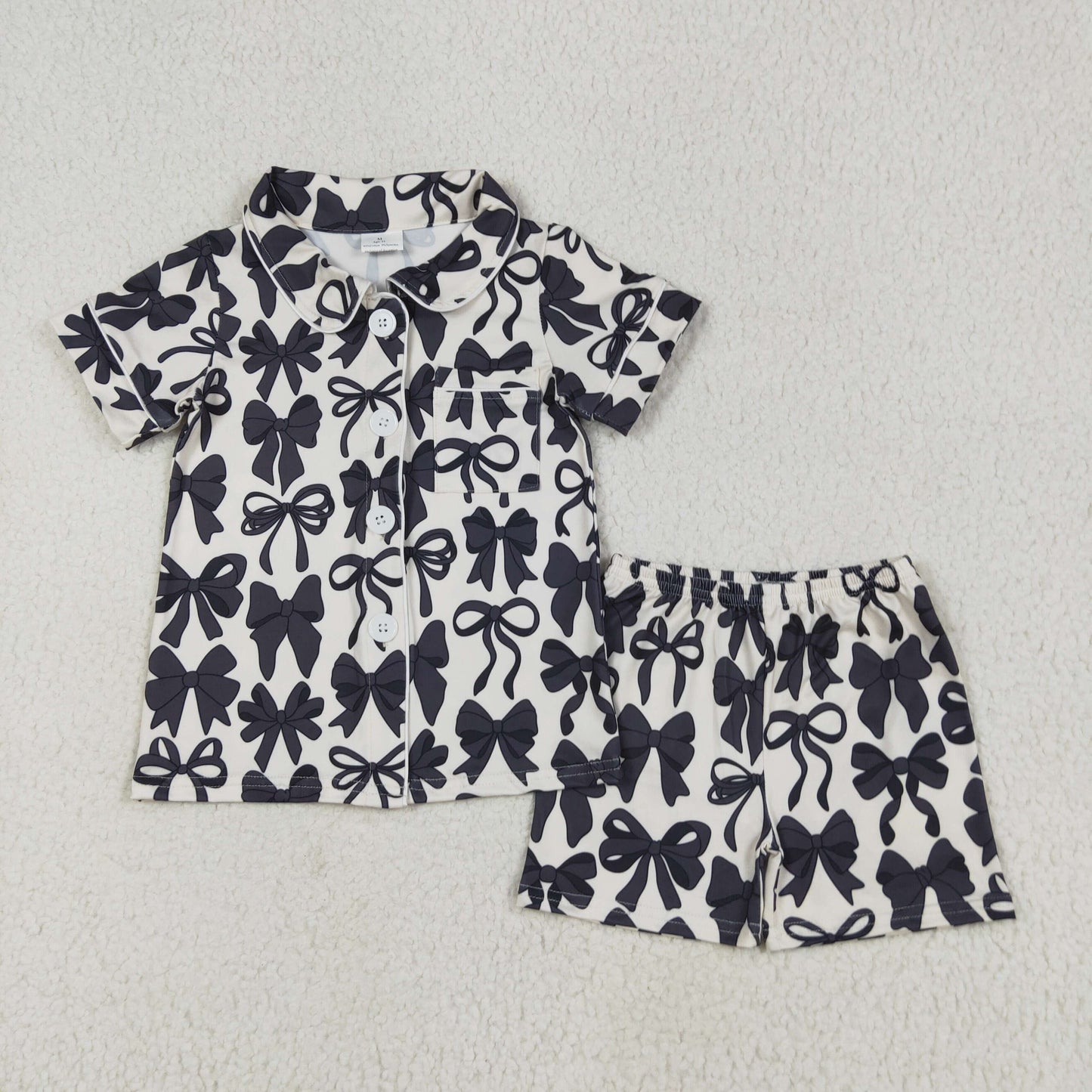 RTS NO MOQ(In Stock) Black bow pattern white short-sleeved shorts pajama set
