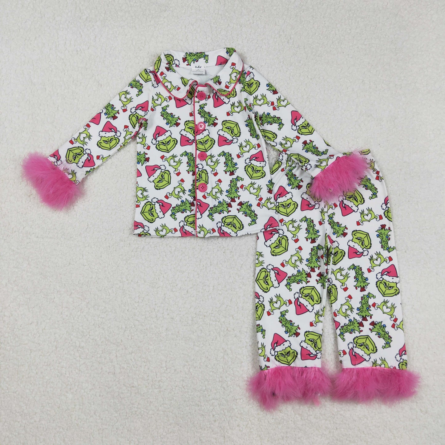 RTS NO MOQ(In Stock) GLP2647 Christmas tree rose red plush trim white long-sleeved shirt and long pants pajama set