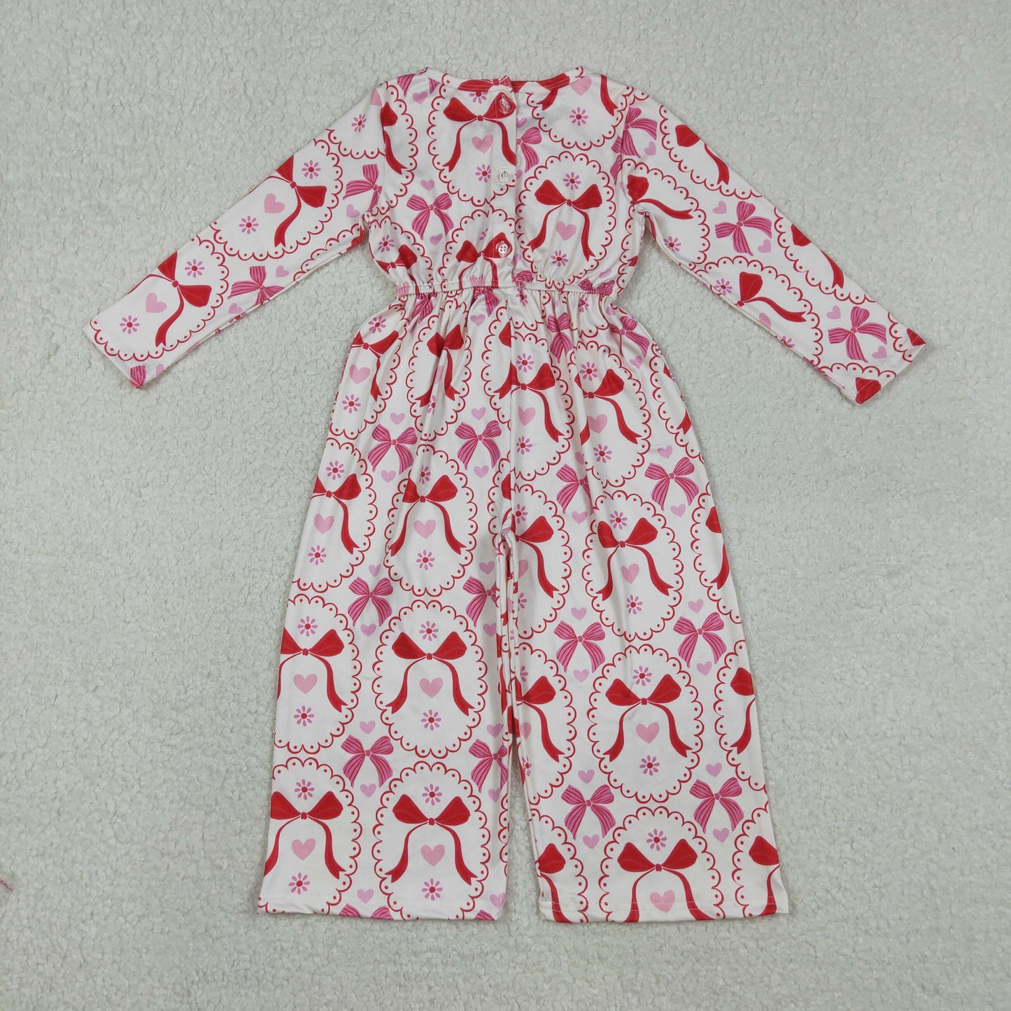 RTS NO MOQ(In Stock)Valentine's Day Heart and Bow Pattern Off-White Long-Sleeve Jumpsuit