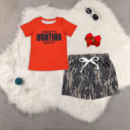 RTS NO MOQ Baby Boys Western Hunting Outfit Daddy's Buddy Shirt with Pockets Camo Top And Shorts Set