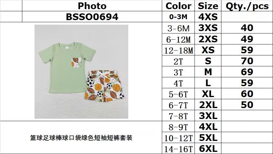 BSSO0694 Basketball Football Baseball Pocket Green Short Sleeve Shorts Set
