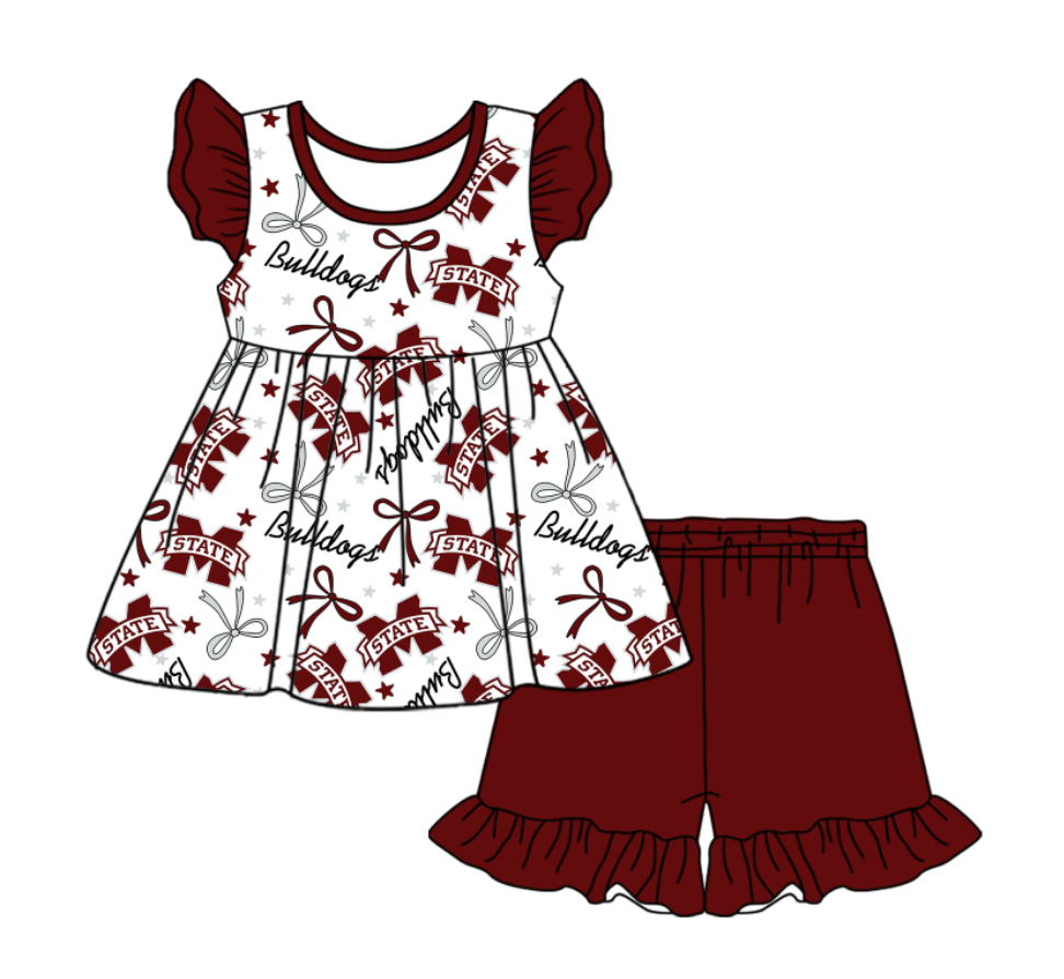 custom moq 3 eta 6-7weeks baby girls clothes team bow dark red short Sleeves Shorts Set