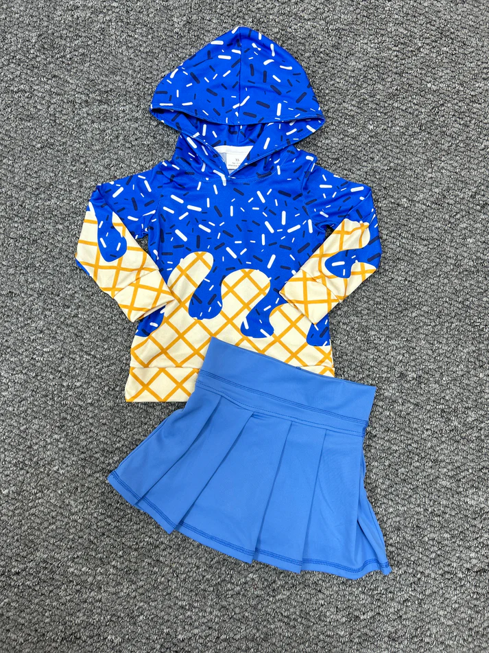 RTS NO MOQ BT1275+GLK0084 Waffle Ice Cream Royal Blue Hooded Long-Sleeved Top Plain Blue Yoga Skirt set