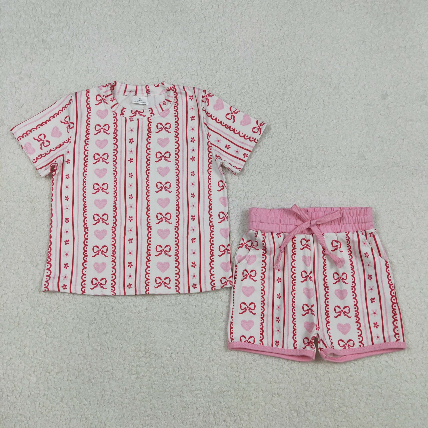 RTS NO MOQ(In Stock) Heart Bow Pattern Floral Striped Beige Short-Sleeved Shorts Set