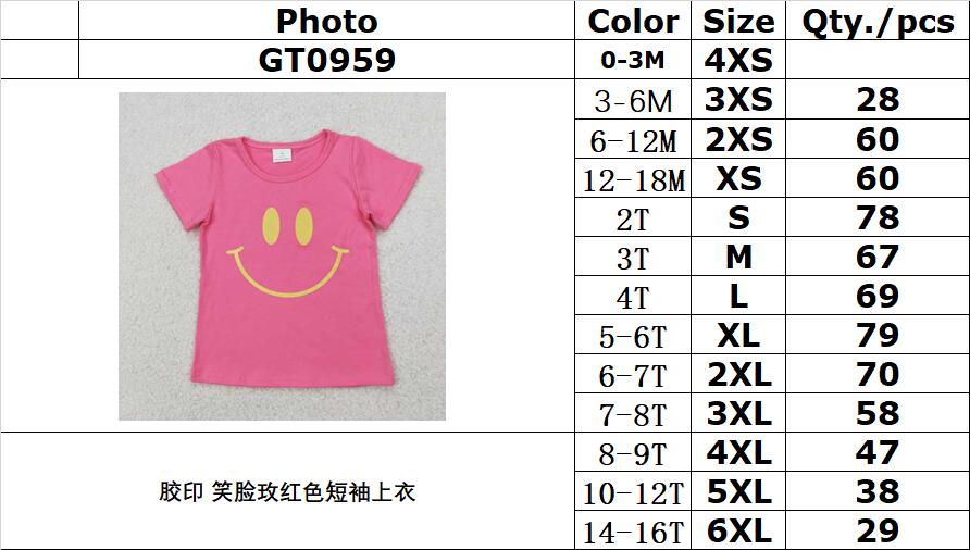 RTS NO MOQ ETA 5/7days Arrived GT0959 Offset printing smiley face rose red short-sleeved top