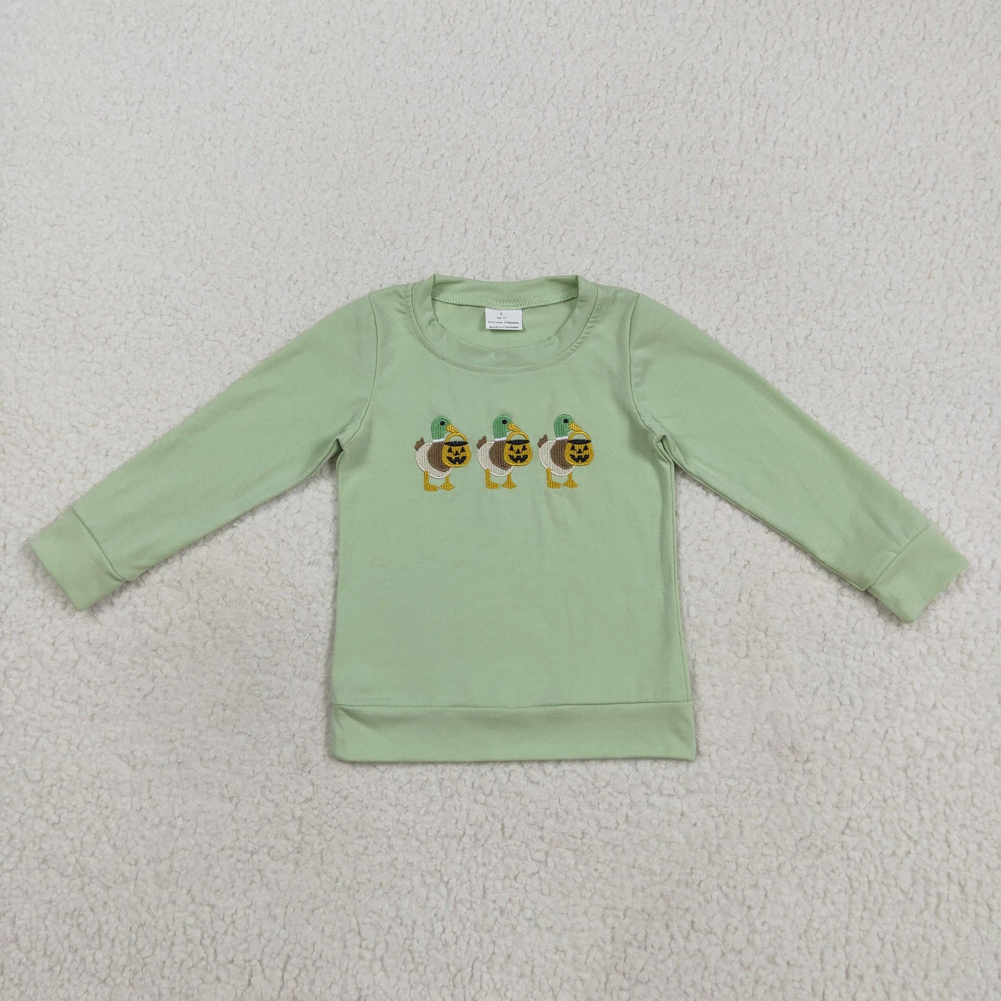 RTS NO MOQ(In Stock) BT1278 Embroidered Halloween lantern duck green long-sleeved top
