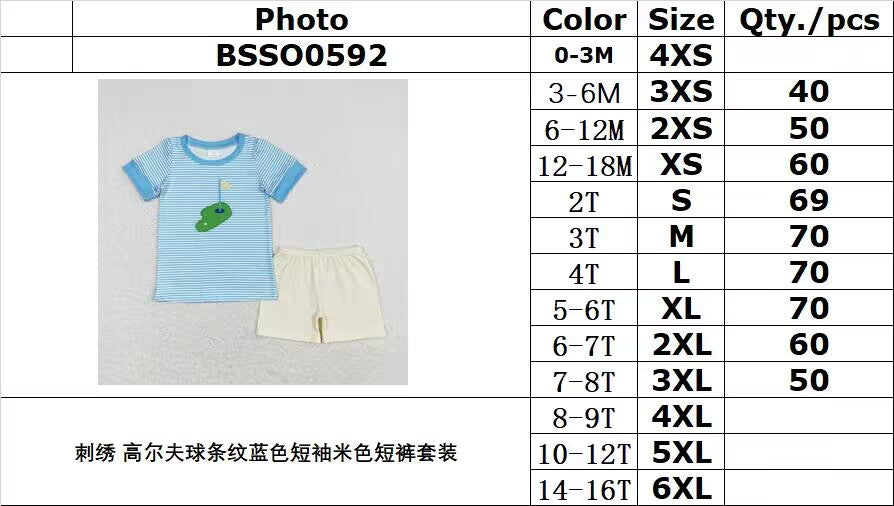 rts no moq BSSO0592 Embroidered Golf Stripe Blue Short Sleeve Beige Shorts